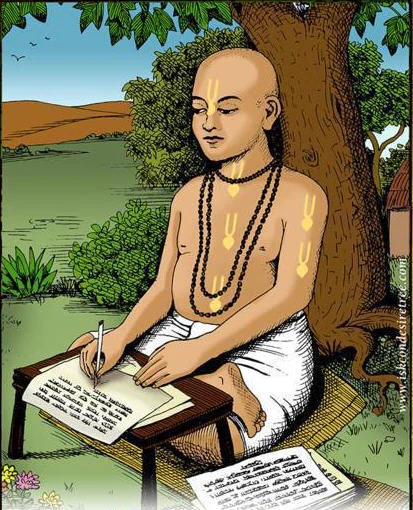 Devotional illustration of Śrī Gopāla Bhaṭṭa Goswāmī seated beneath a tree writing scripture