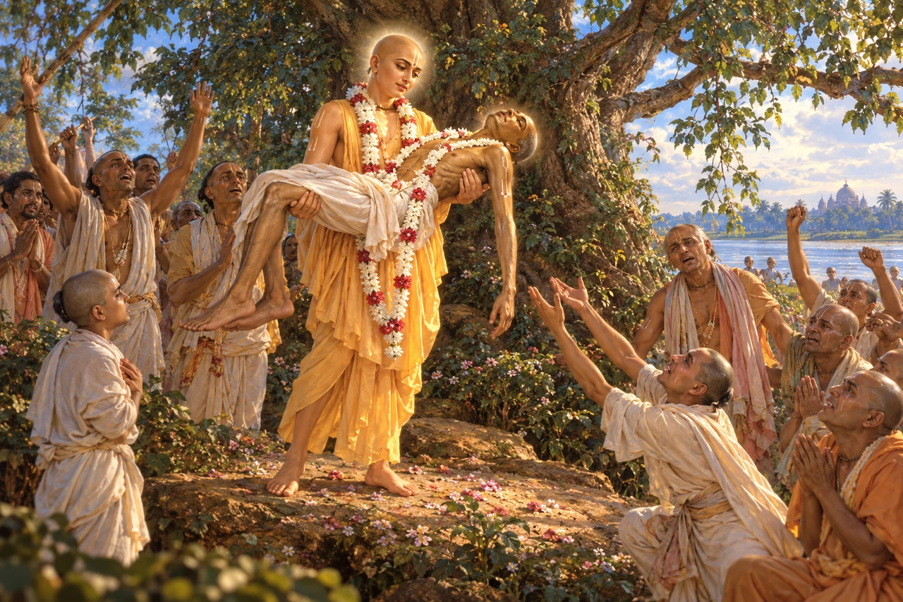 Devotional artwork of Śrī Caitanya Mahāprabhu carrying the body of Śrīla Haridāsa Ṭhākura as devotees perform kīrtana