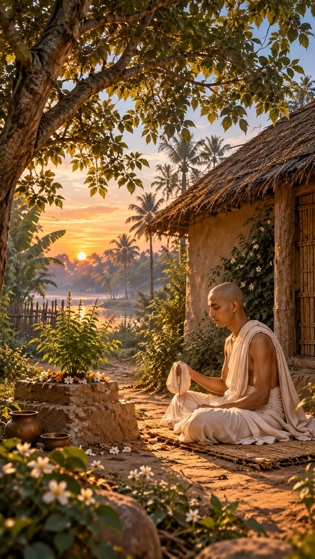 Devotional painting of Śrīla Haridāsa Ṭhākura chanting beside tulasī at dawn