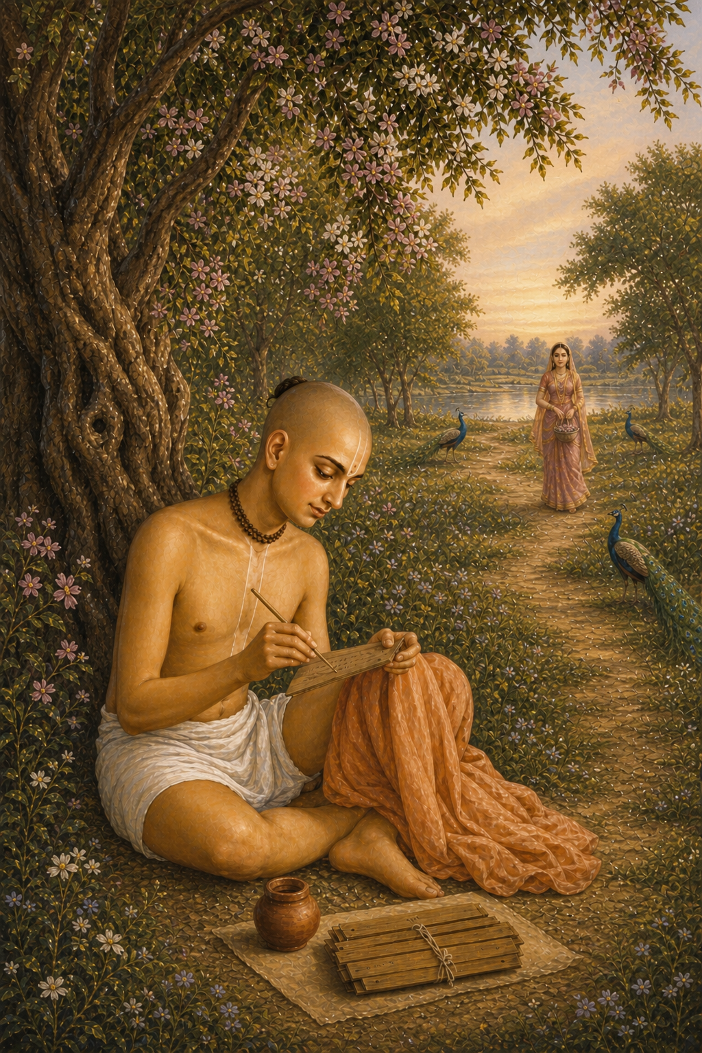 Devotional artwork of Śrīla Rūpa Goswāmī writing in Vṛndāvana, with Rūpa Mañjarī and peacocks in the distance