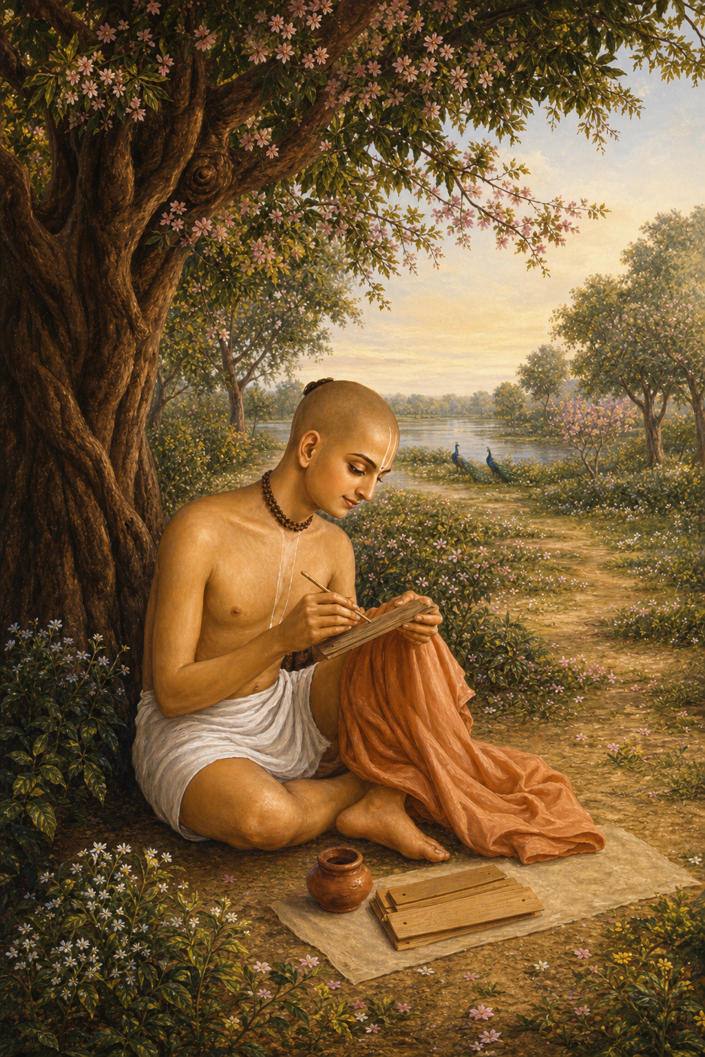 Devotional painting of Śrīla Rūpa Goswāmī writing on palm leaves beneath a flowering tree beside the Yamunā in Vṛndāvana
