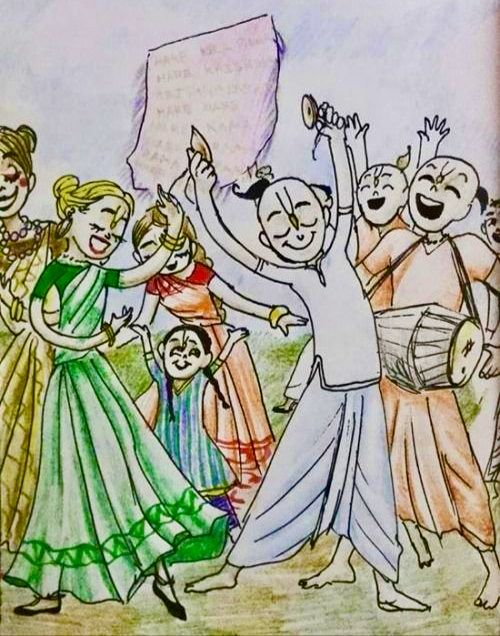 Illustration of devotees dancing and singing kīrtan